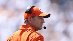 Dabo Swinney looks on during the first quarter vs the Yellow Jackets on September 13, 2025 in Atlanta, Georgia.