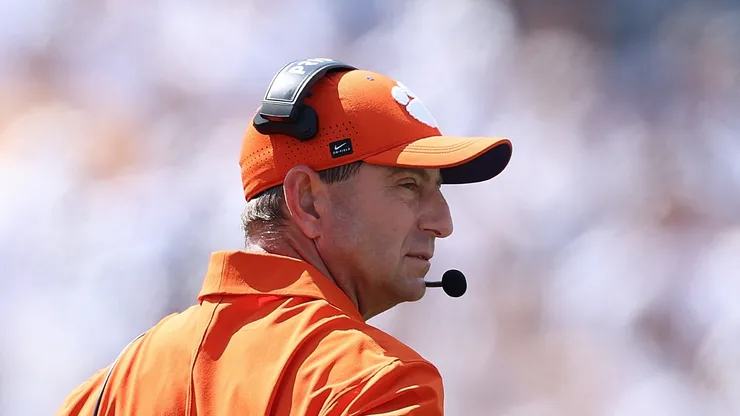 Dabo Swinney looks on during the first quarter vs the Yellow Jackets on September 13, 2025 in Atlanta, Georgia.