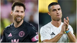 Lionel Messi #10 of Inter Miami CF reacts; Cristiano Ronaldo of Al-Nassr FC warms up.