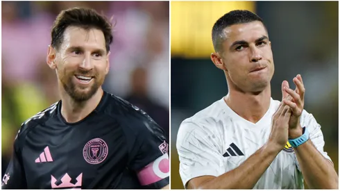 Lionel Messi #10 of Inter Miami CF reacts; Cristiano Ronaldo of Al-Nassr FC warms up.