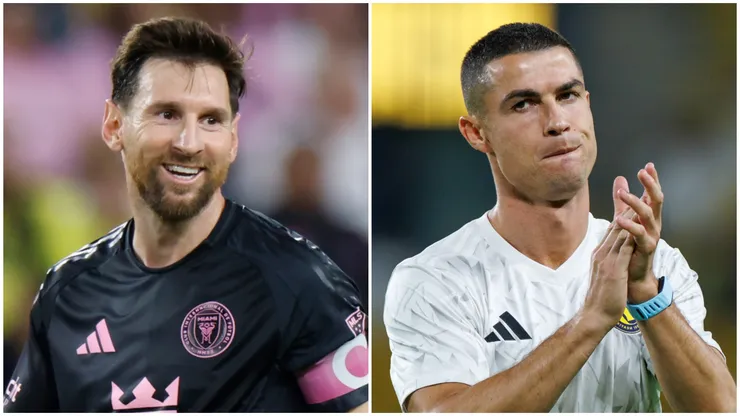 Lionel Messi #10 of Inter Miami CF reacts; Cristiano Ronaldo of Al-Nassr FC warms up.