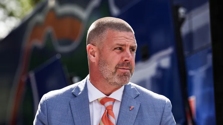Billy Napier at Ben Hill Griffin Stadium on October 18, 2025 in Gainesville, Florida.