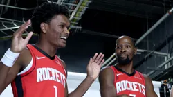 Kevin Durant #7 and Amen Thompson #1 of the Houston Rockets pose for a photo.