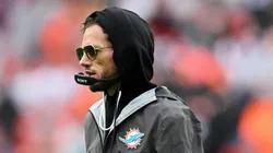 Mike McDaniel looks on during the second half of the game vs the Browns on October 19, 2025 in Cleveland.