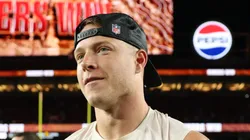 Christian McCaffrey looks on after his team defeated the Falcons on October 19, 2025 in California.