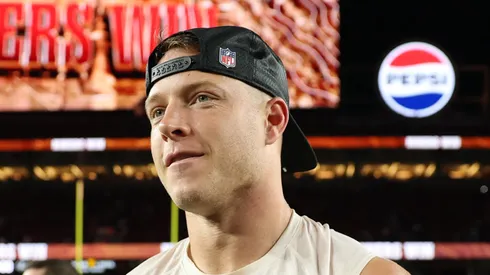 Christian McCaffrey looks on after his team defeated the Falcons on October 19, 2025 in California.