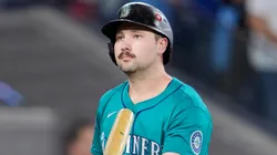 Cal Raleigh #29 of the Seattle Mariners reacts after striking out.