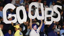 Cubs fans hold a sign during game four of the National League Division Series in 2025.