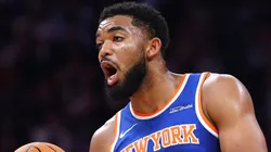 Karl-Anthony Towns #32 of New York Knicks handles the ball.