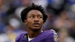 Zay Flowers reacts after a fumble vs the Rams on October 12, 2025 in Baltimore.