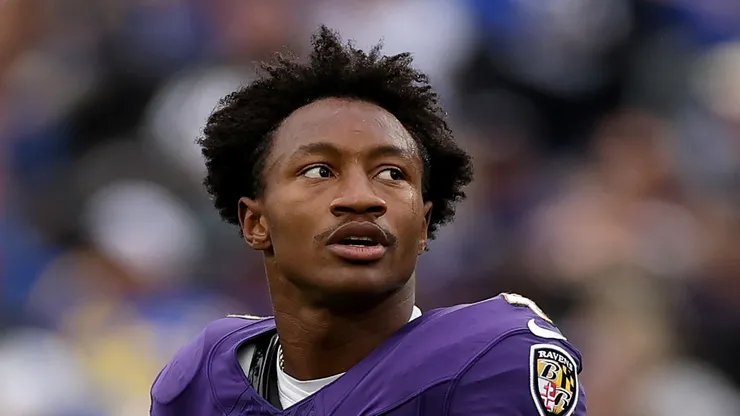Zay Flowers reacts after a fumble vs the Rams on October 12, 2025 in Baltimore.