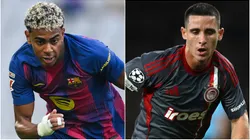 Lamine Yamal of FC Barcelona and Daniel Podence of Olympiacos FC.