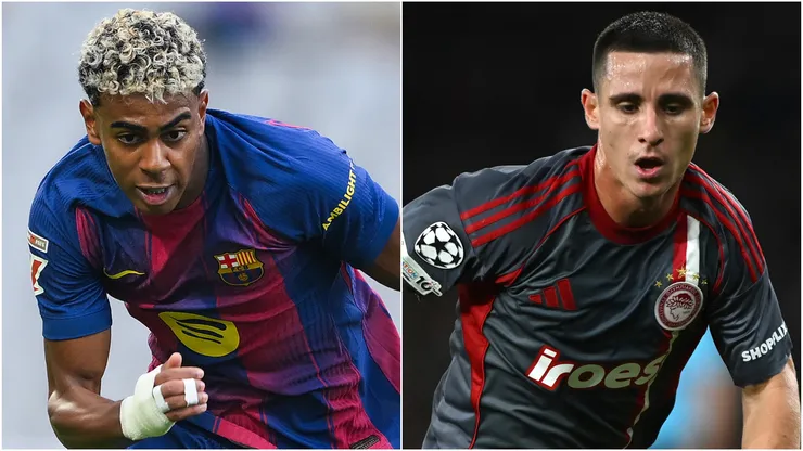 Lamine Yamal of FC Barcelona and Daniel Podence of Olympiacos FC.