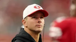 Brock Purdy stands on the sidelines vs the Chargers on August 23, 2025 in Santa Clara, California.