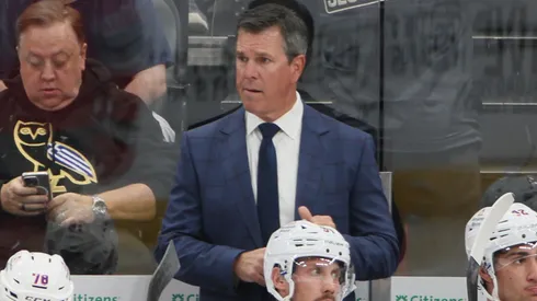 Head coach Mike Sullivan of the New York Rangers handles bench.