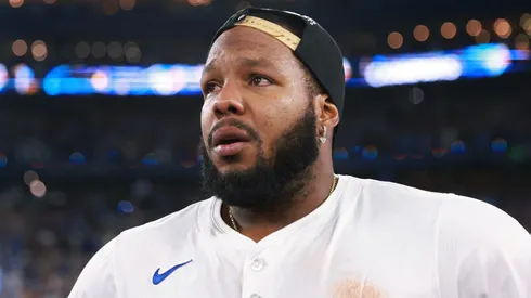 Vladimir Guerrero Jr. #27 of the Toronto Blue Jays looks on after winning game seven,
