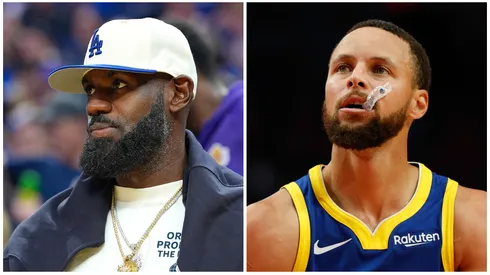 LeBron James and Stephen Curry looking on.