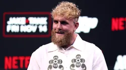 Jake Paul looks on during a press conference.