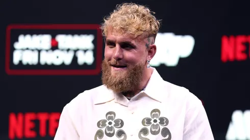 Jake Paul looks on during a press conference.