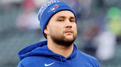 Bo Bichette #11 of the Toronto Blue Jays looks on.