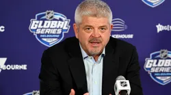 Head coach Todd McLellan speaks during a press conference.