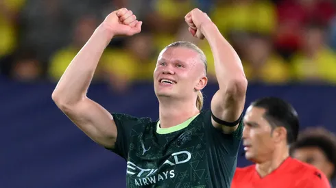 Erling Haaland celebrates after scoring against Villarreal.