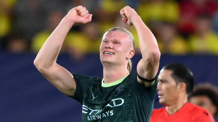 Erling Haaland celebrates after scoring against Villarreal.