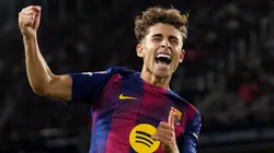 Fermin Lopez celebrates after scoring for Barcelona in Champions League.