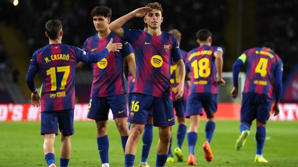 Fermin Lopez celebrates after scoring a hat-trick. (Getty Images)
