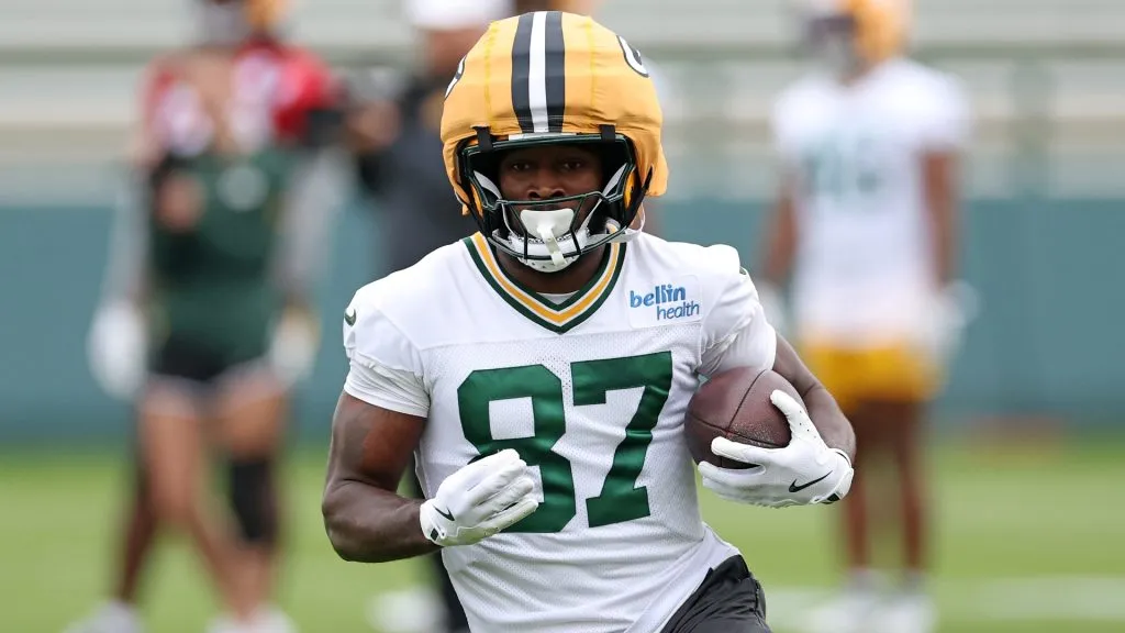 Romeo Doubs #87 of the Green Bay Packers participates in drills in 2025. (Source: Stacy Revere/Getty Images)