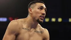 Teofimo Lopez looks on against Jamaine Ortiz for the WBO junior welterweight title.