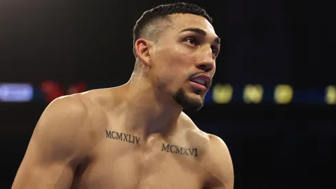 Teofimo Lopez looks on against Jamaine Ortiz for the WBO junior welterweight title.