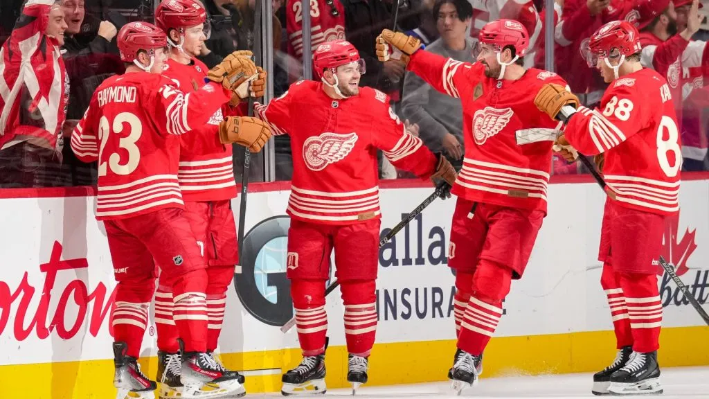 Red Wings celebrate Raymond’s goal against the Maple Leafs during. Nic Antaya/Getty Images