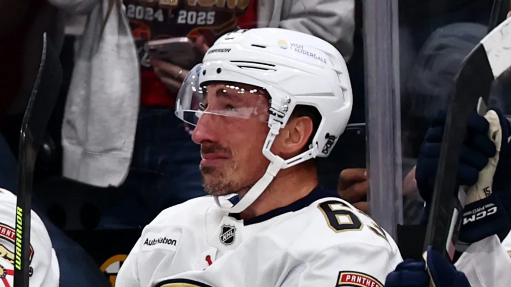 Brad Marchand cries during his return to TD Garden
