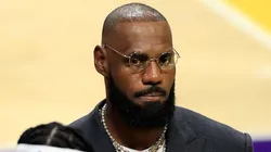 LeBron James #23 of the Los Angeles Lakers looks on.