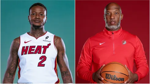 Terry Rozier of Miami Heat and head coach Chauncey Billups of Portland Trail Blazers.