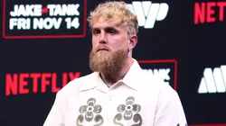 Jake Paul looks on during a press conference.