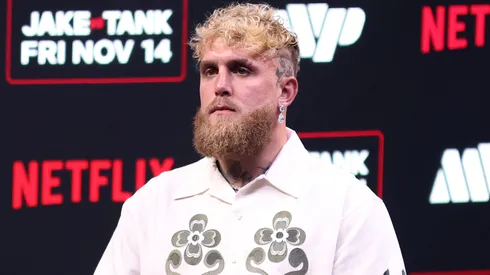 Jake Paul looks on during a press conference.