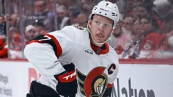 Brady Tkachuk #7 of the Ottawa Senators controls the puck.