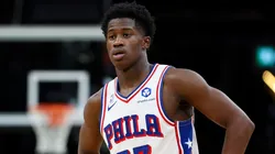 VJ Edgecombe #77 of the Philadelphia 76ers looks on during his NBA debut.