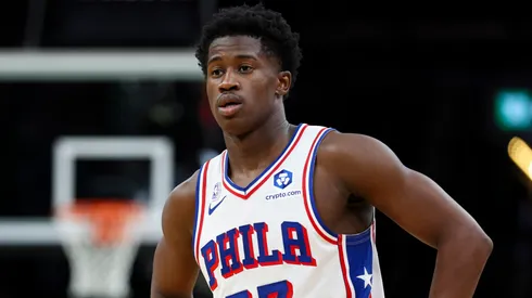 VJ Edgecombe #77 of the Philadelphia 76ers looks on during his NBA debut.