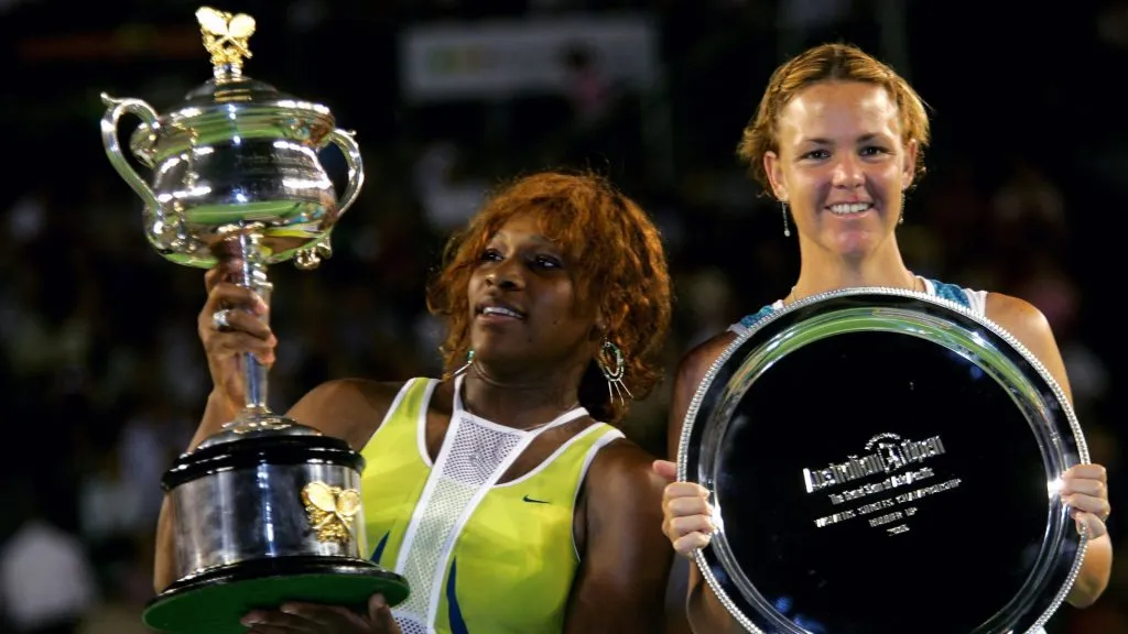Serena Williams and Lindsay Davenport after the 2005 Australian Open final. (Getty Images)