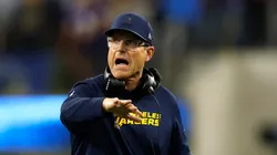 Jim Harbaugh celebrates a touchdown vs the Vikings on October 23, 2025 in Inglewood, California.