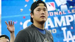 Shohei Ohtani #17 of the Los Angeles Dodgers reacts during a ceremony.