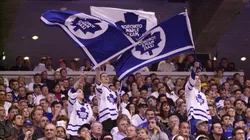Toronto Maple Leafs fans waves flags during game 6 of the Eastern Conference Semifinals in 2001.