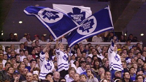 Toronto Maple Leafs fans waves flags during game 6 of the Eastern Conference Semifinals in 2001.