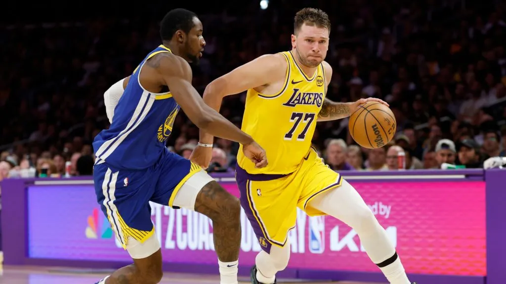 Luka Doncic during the first game of the NBA season against the Warriors. (Getty Images)