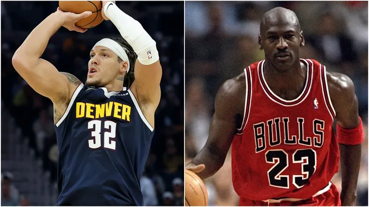 Aaron Gordon of the Denver Nuggets and Michael Jordan of the Chicago Bulls.