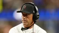 Kyle Shanahan calls a timeout during overtime vs the Rams on October 02, 2025 in Inglewood.