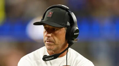 Kyle Shanahan calls a timeout during overtime vs the Rams on October 02, 2025 in Inglewood.